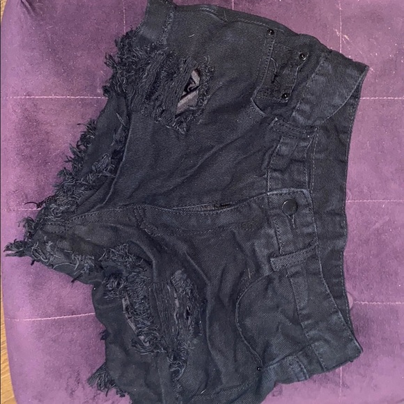 Black High Waisted Ripped Jean Shorts - Picture 2 of 3